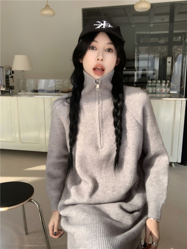 Real shot of autumn and winter mid-length sweater dress with lapel zipper and knitted sweatshirt dress for women