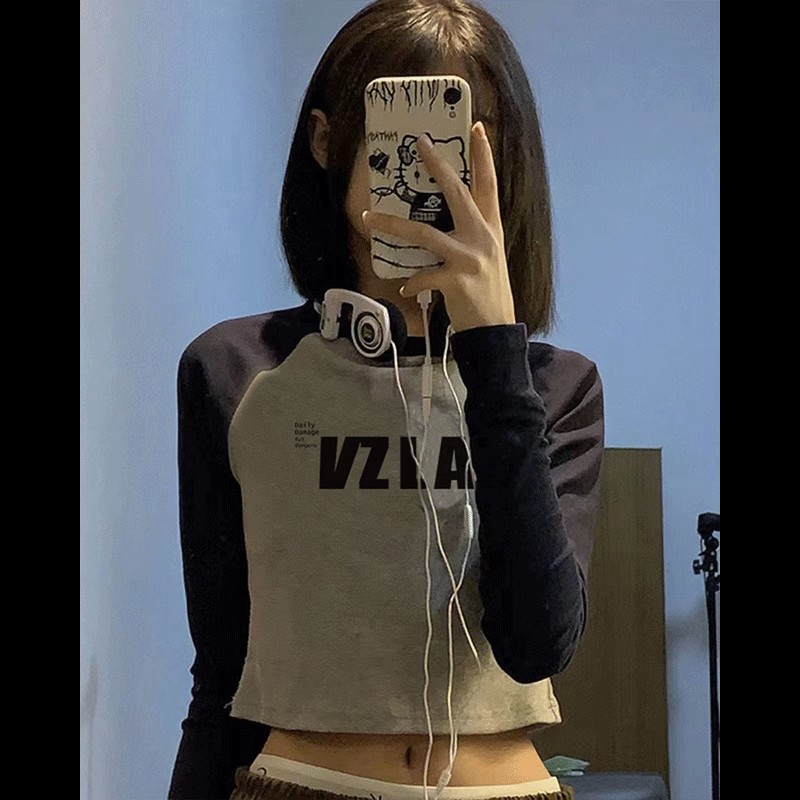 包肩包領美式修身復古插肩短款長袖t恤春秋純棉內搭緊身打底