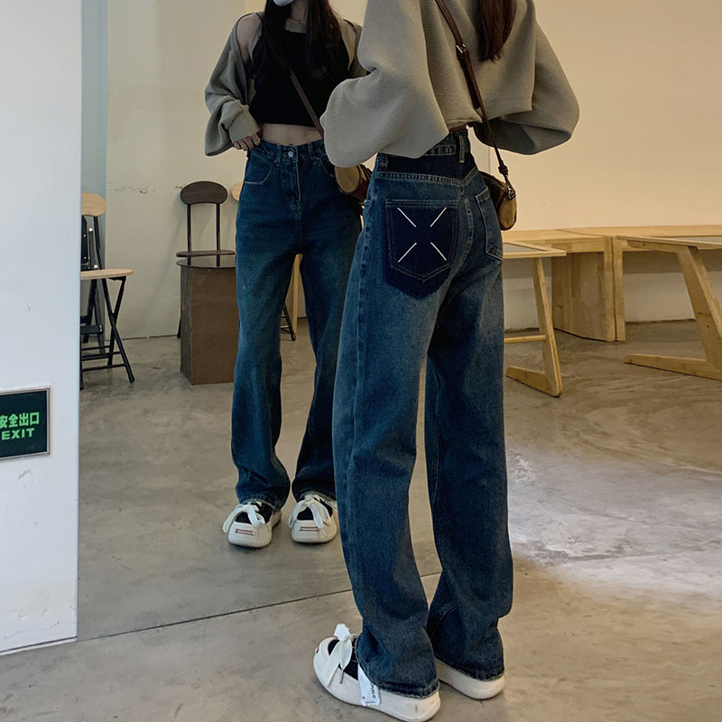 牛仔褲女小眾設計感時尚復古高腰顯瘦直筒拖地褲口袋撞色闊腿長褲