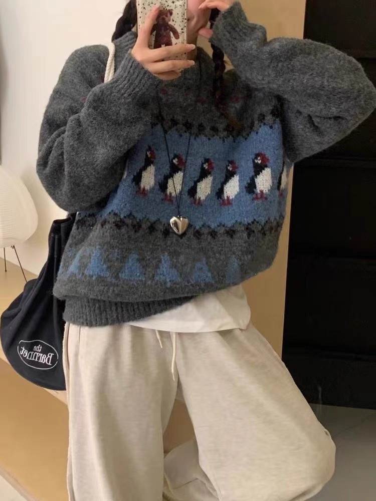 高級感超好看慵懶風提花刺繡企鵝毛衣女秋冬2023新款寬鬆針織上衣