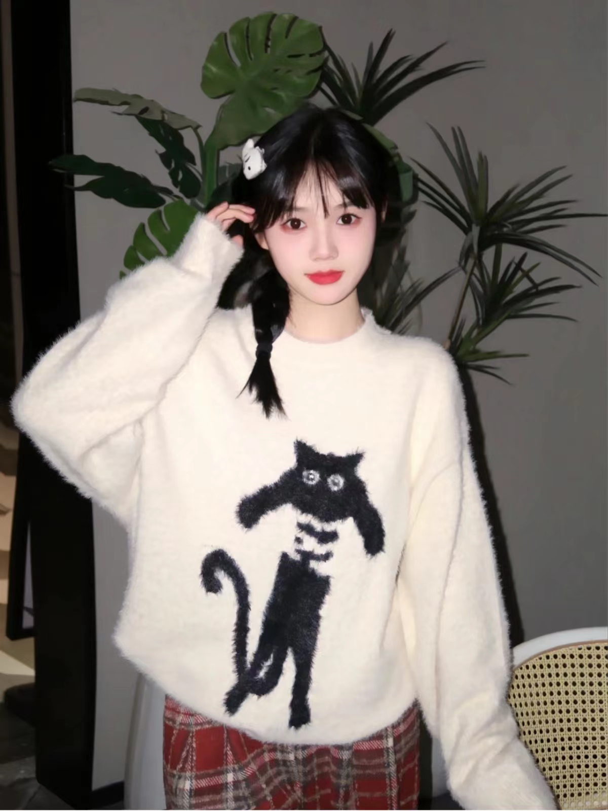 kumikumi cute cat jacquard plush long-sleeved sweater women's winter soft and waxy loose sweater student tops