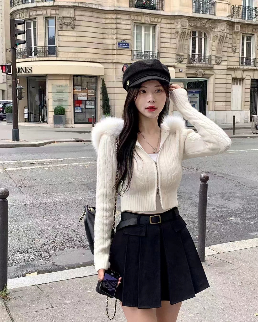 韓版chic氣質狐狸毛領連帽針織開衫秋冬小眾修身短款毛衣外套女