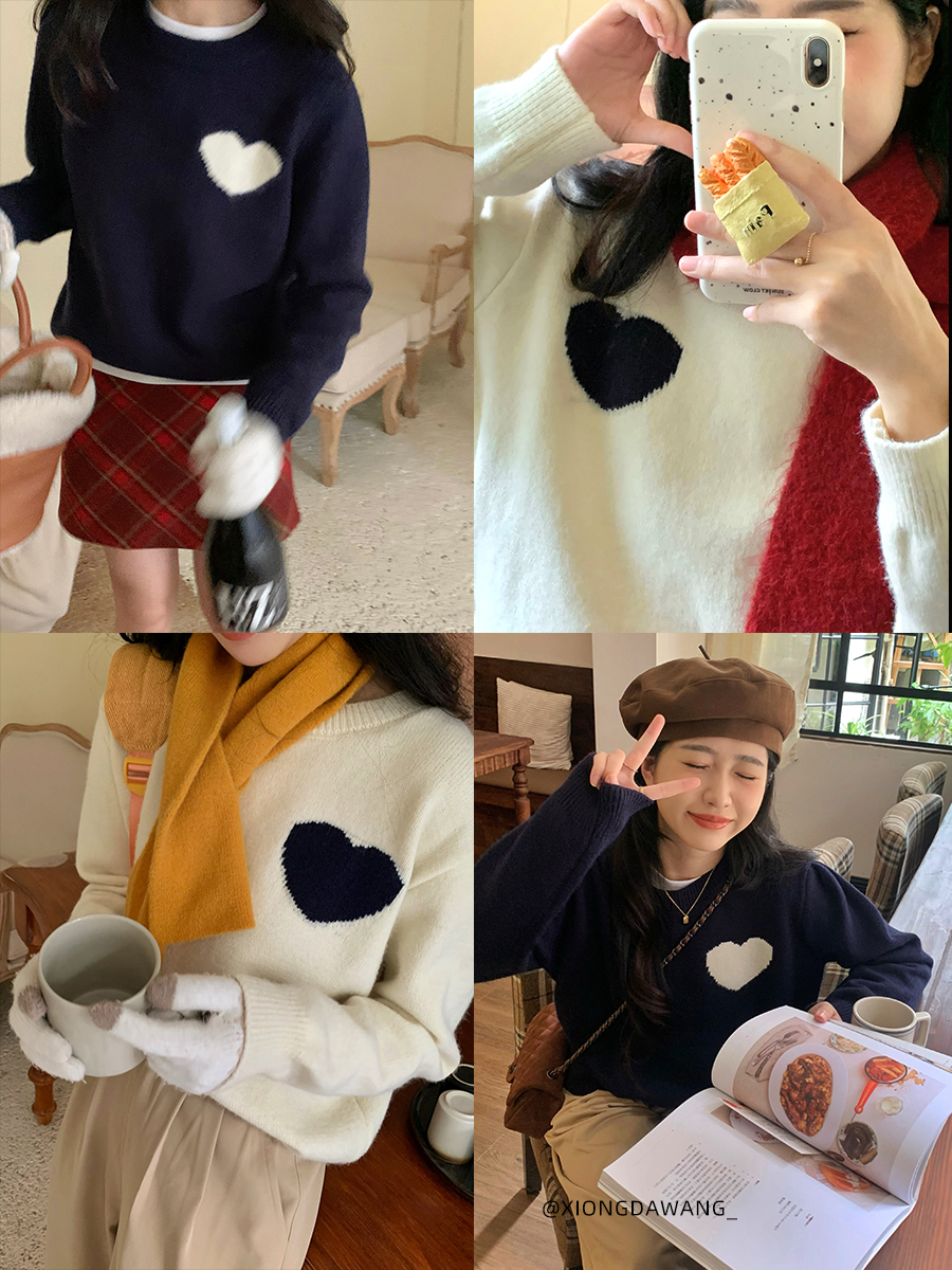 熊大王甜妹速成秋冬韓版愛心套頭毛衣2023新款小個子針織衫