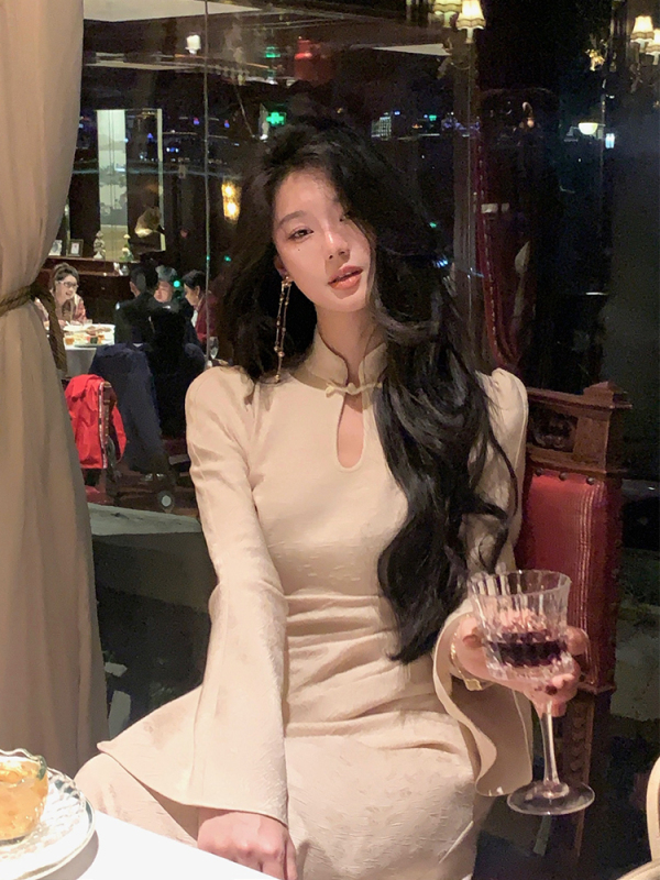 從一時刻 立領魚尾新中式旗袍連衣裙女秋冬新款超好看氣質長裙