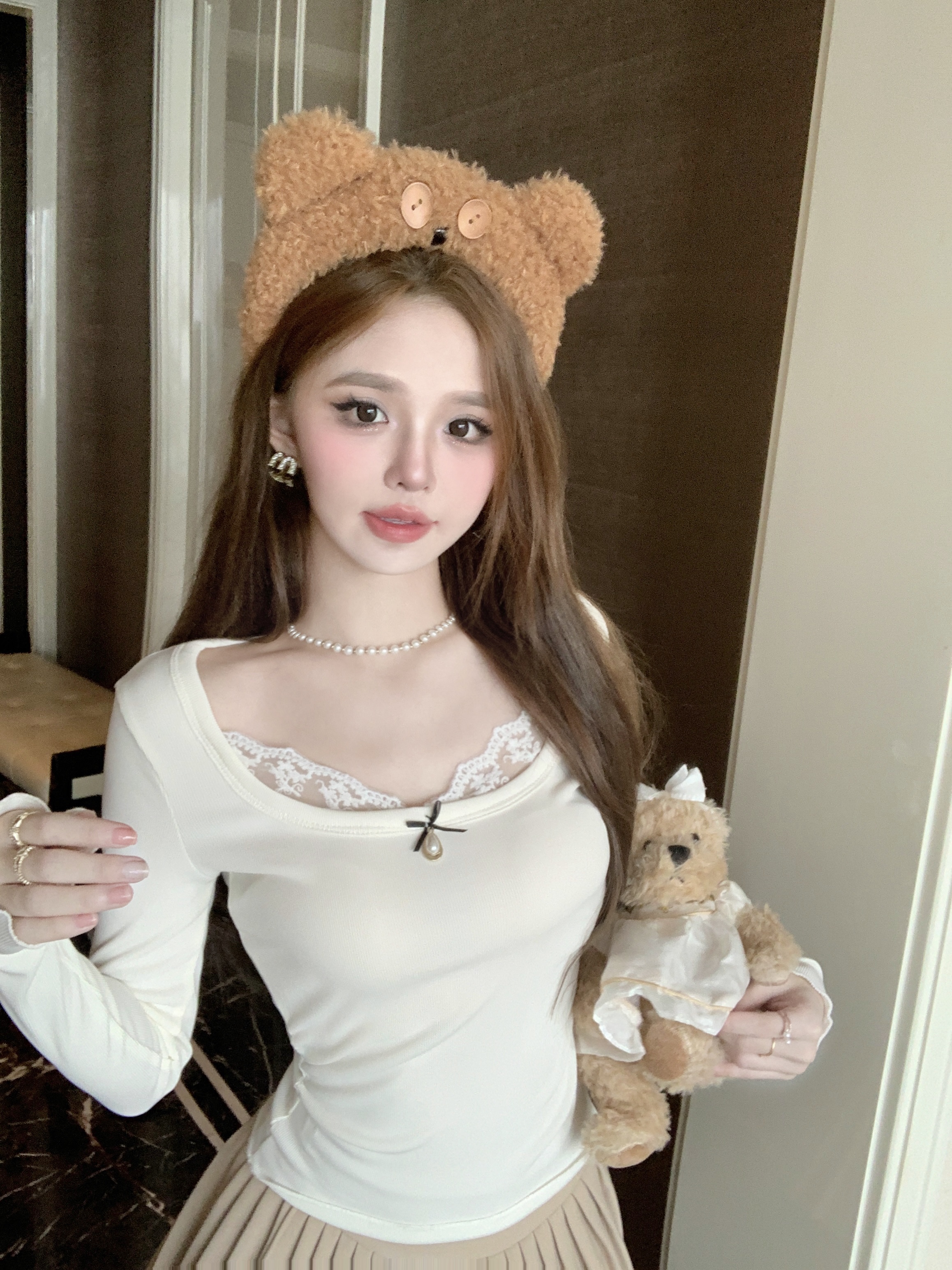 實拍  法式少女蕾絲蝴蝶結顯鎖骨方領修身秋冬打底T恤