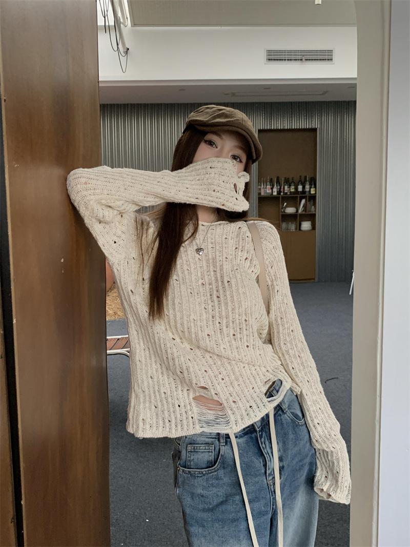 Actual shot~Designed hole-in-the-shoulder casual and lazy sweater