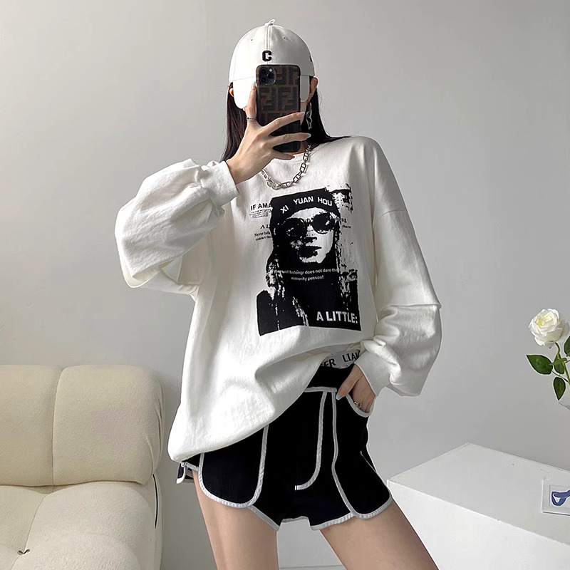 天貓品質圓領衛衣女春秋加絨潮牌印花長袖寬鬆慵懶風韓版上衣