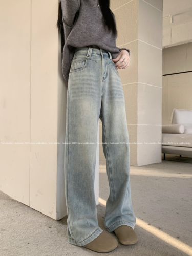 Real shot of autumn and winter retro nostalgic loose wide-leg velvet thickened denim floor-length trousers