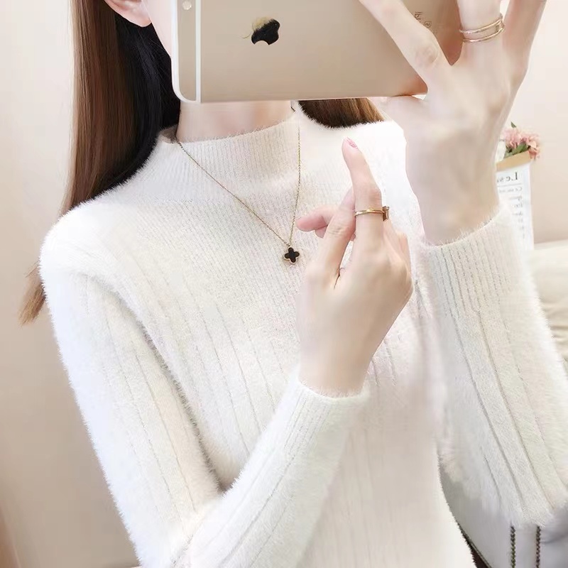 半高領仿水貂絨毛衣打底衫女內搭新款簡約修身毛毛針織衫上衣