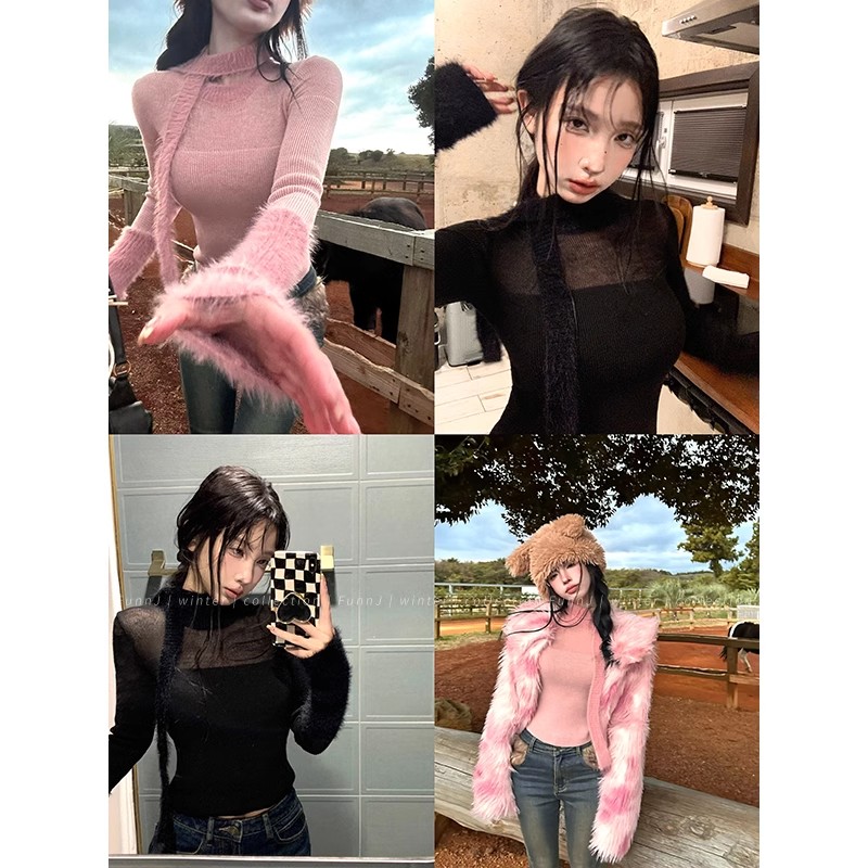 FunnJ方幾 甜心狩獵 設計感修身打底衫女內搭針織上衣帶圍巾