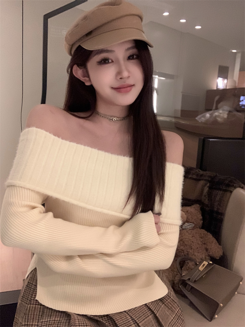 實拍 純欲辣妹一字肩毛毛上衣女針織打底衫仿水貂絨毛衣