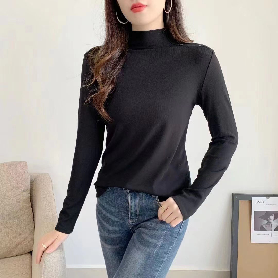 歐貨加絨半高領打底衫女秋冬新款時尚鉚釘磨毛修身顯瘦內搭上衣