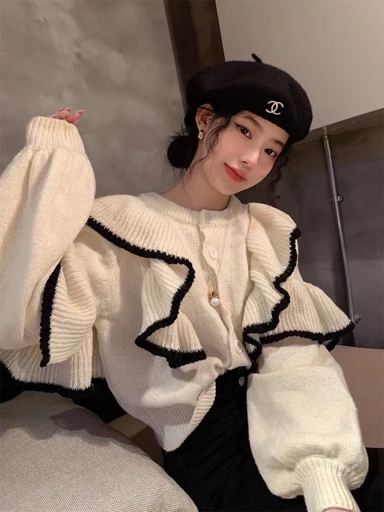 設計感小眾荷葉邊毛衣開衫外套女秋冬2023新款寬鬆復古短款針織衣