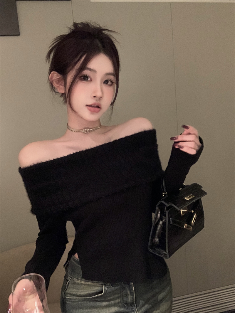 實拍 純欲辣妹一字肩毛毛上衣女針織打底衫仿水貂絨毛衣