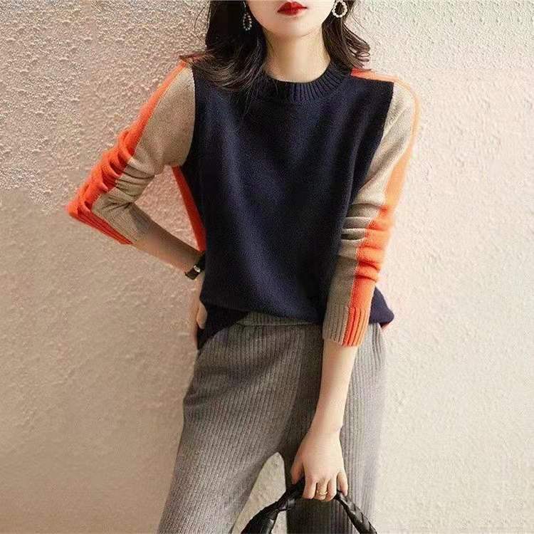高端歐貨時尚圓領拼色打底針織衫女秋冬洋氣減齡寬鬆顯瘦百搭毛衣