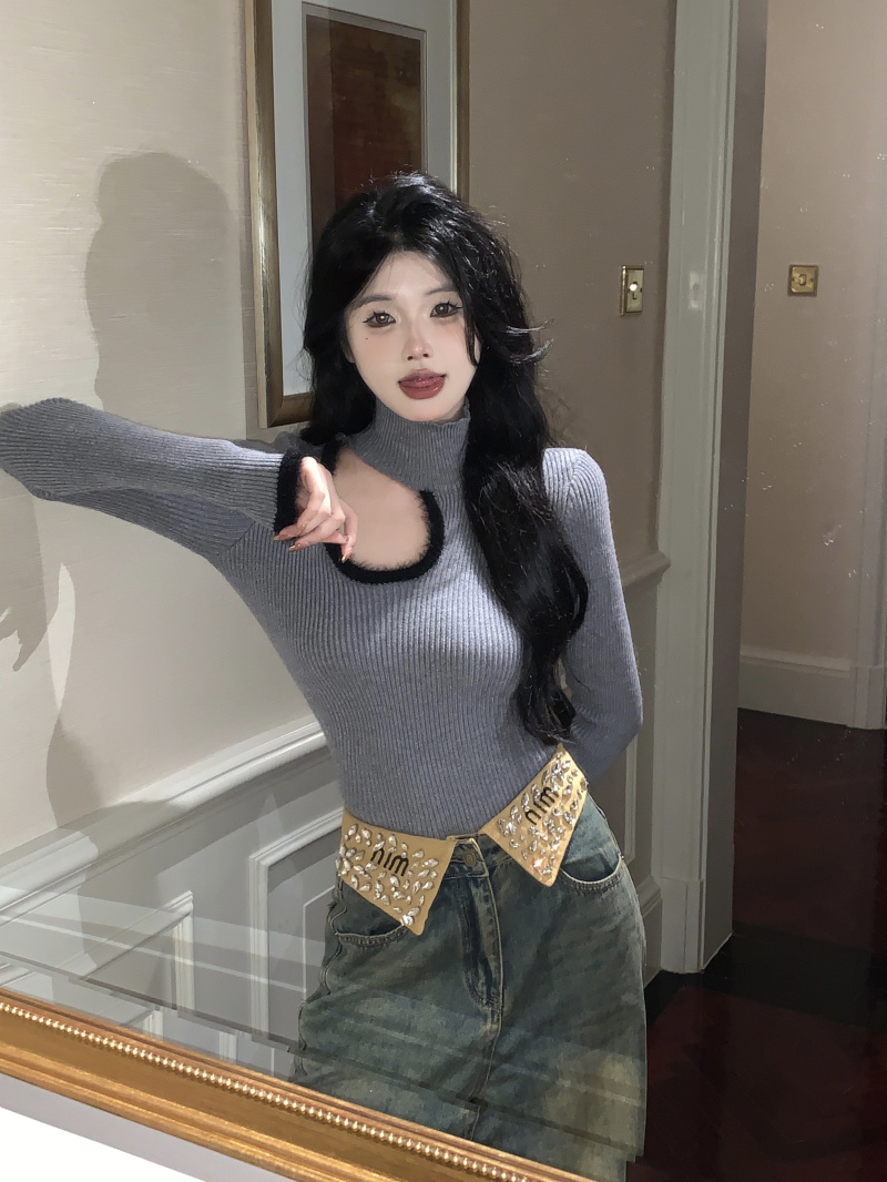實拍 撩精陷阱設計感高領內搭正肩毛衣女打底針織衫上衣冬