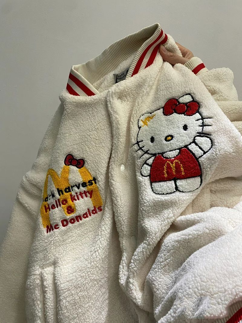 National trend Hello Kitty American retro baseball uniform autumn and winter velvet thickened lamb wool jacket women's loose jacket