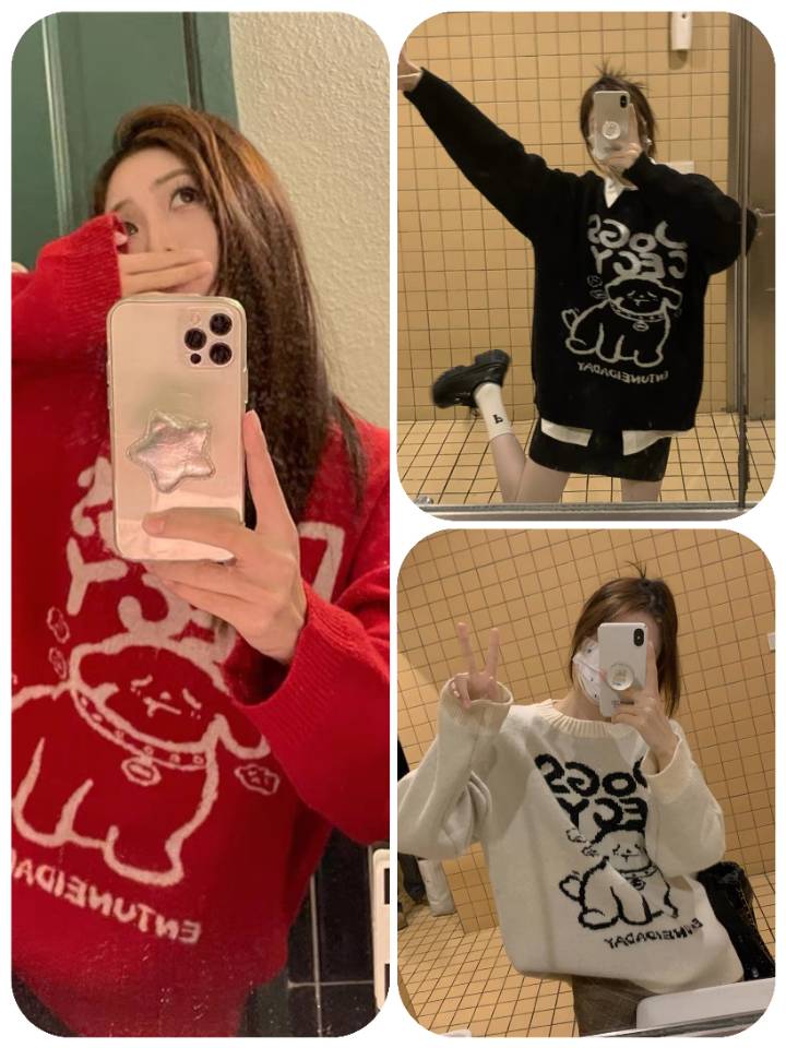 乖巧學妹~鬼馬少女狗狗印花圓領毛衣秋冬慵懶寬鬆圓領上衣