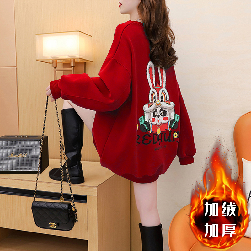 網紅新款新年衣服 秋冬季加絨加厚中長款套頭華棉衛衣女