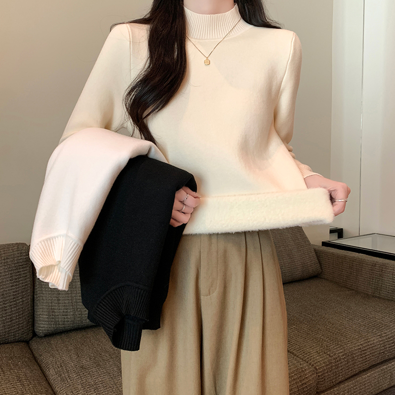 實拍 秋冬韓版12針一體絨修身半高領長袖上衣保暖針織衫毛衣女
