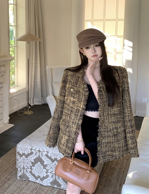 Real shot of small fragrant style tassel tweed retro versatile down-lined jacket for women