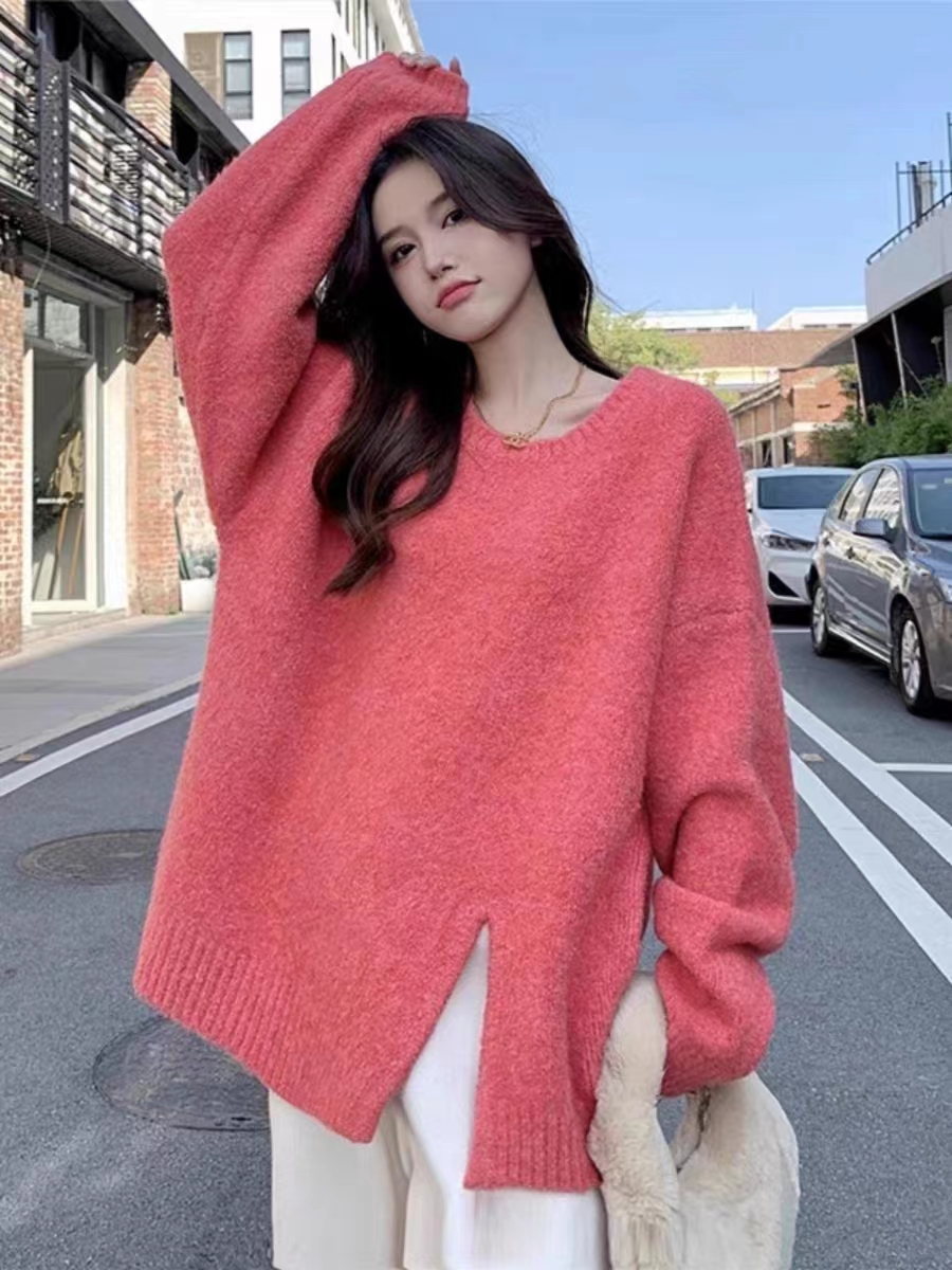 大碼女裝套頭開叉毛衣女秋冬胖mm寬鬆中長款慵懶風加厚針織衫上衣