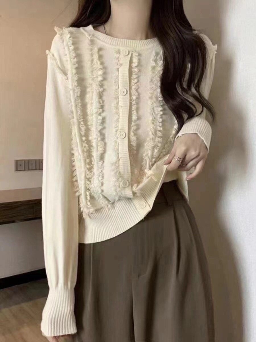 法式甜美雪紡拼接假兩件針織開衫外套2023秋冬設計感別致上衣