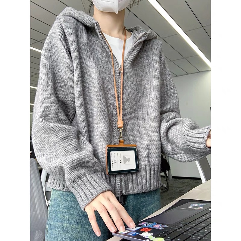 灰色連帽帶帽雙拉鏈毛衣外套女秋冬帽衫加厚外搭短款針織開衫
