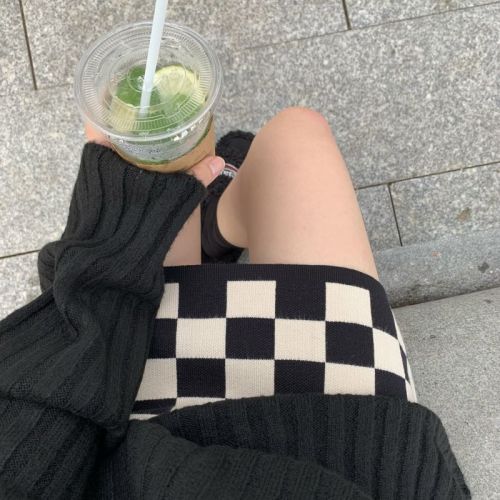 Real shot ~ Checkerboard knitted skirt A-line high waist hip skirt