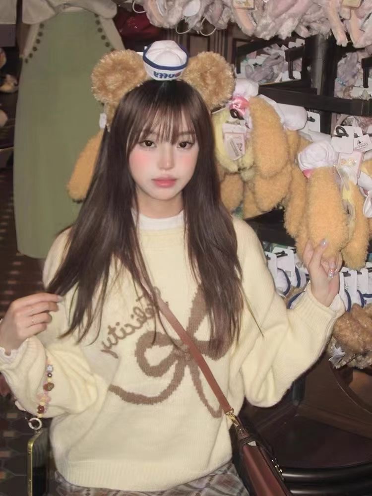 甜美套頭加厚蝴蝶結套頭上衣軟糯慵懶風圓領長駝毛衣秋冬