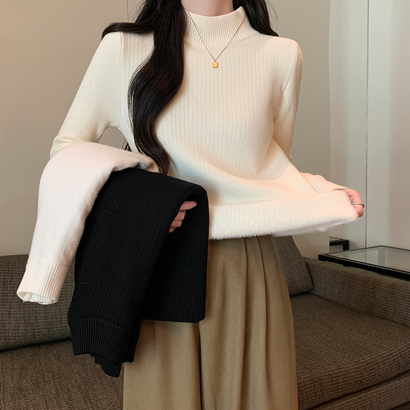 Actual shot of autumn and winter Korean style 12-needle one-piece velvet slim-fitting half turtleneck long-sleeved plus velvet warm knitted sweater for women