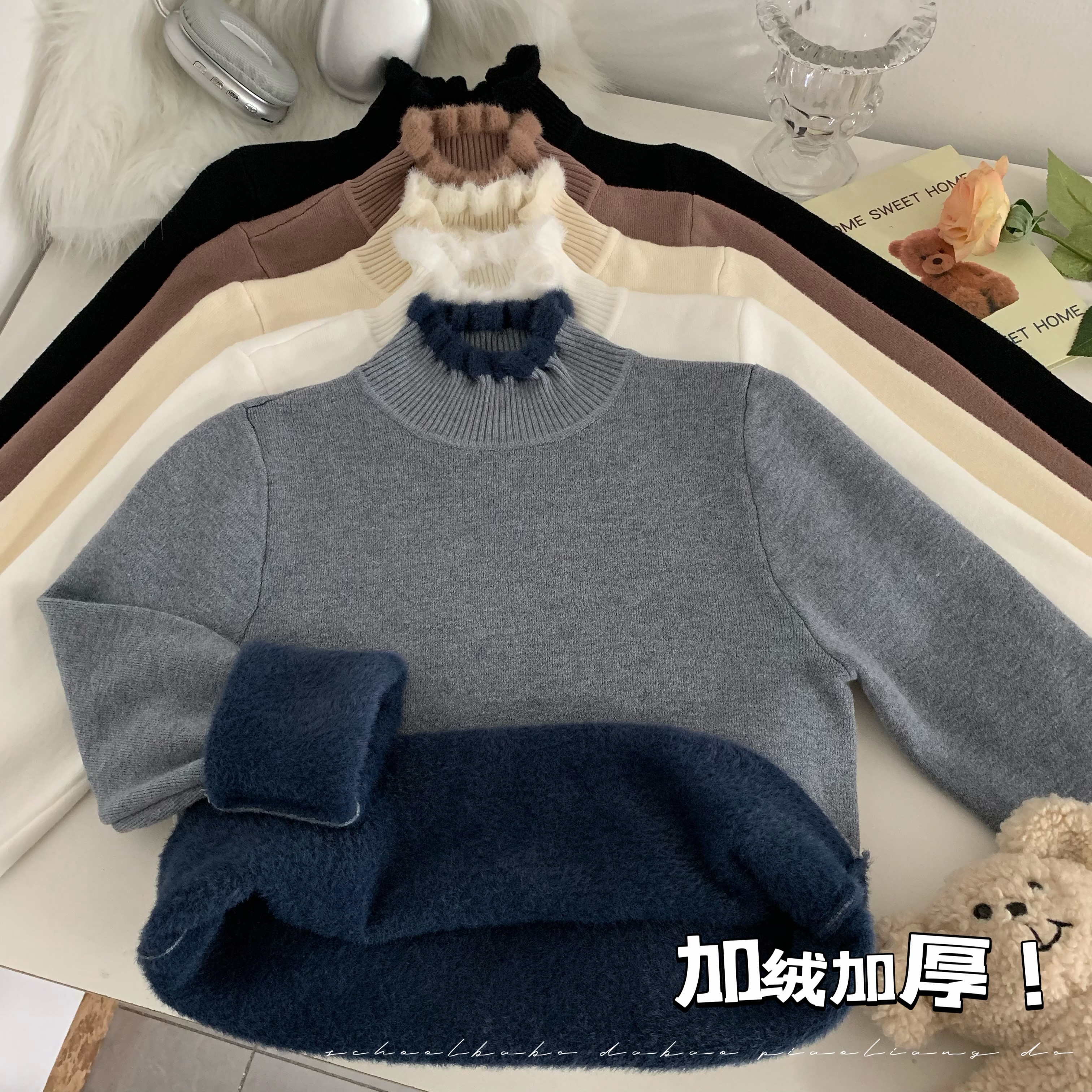 Real shot Half turtleneck plus velvet and thickened one-piece velvet mink fur bottoming sweater autumn and winter long-sleeved sweater