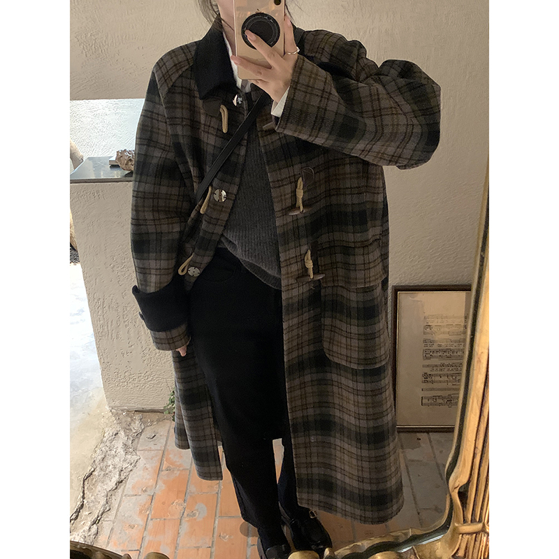 bingo軒軒家自製 格子羊毛手工雙面呢大衣女秋冬復古牛角扣外套