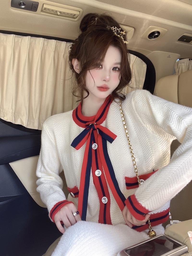 實拍 溫柔風系帶長袖針織開衫女秋冬設計感撞色軟糯毛衣