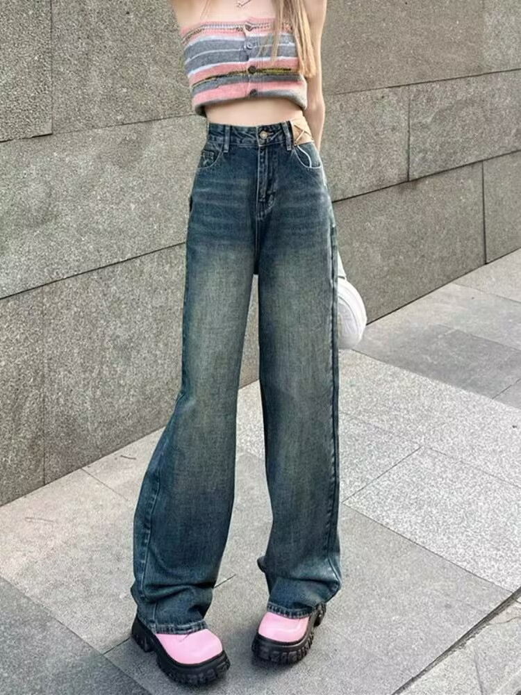 牛仔褲復古做舊直筒牛仔褲女2023年新款設計感小眾寬鬆闊腿褲子
