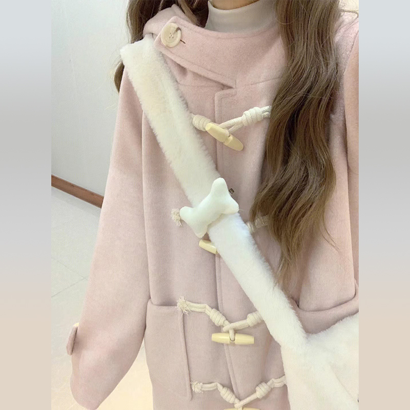 韓系高級感粉色毛呢外套女中長款秋冬季2023新款小個子牛角扣大衣
