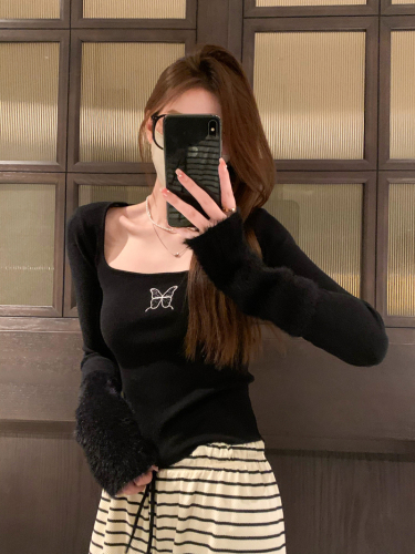Real shot of furry sleeve embroidered sweater for women, winter sweater with square collar, slim short bottoming top