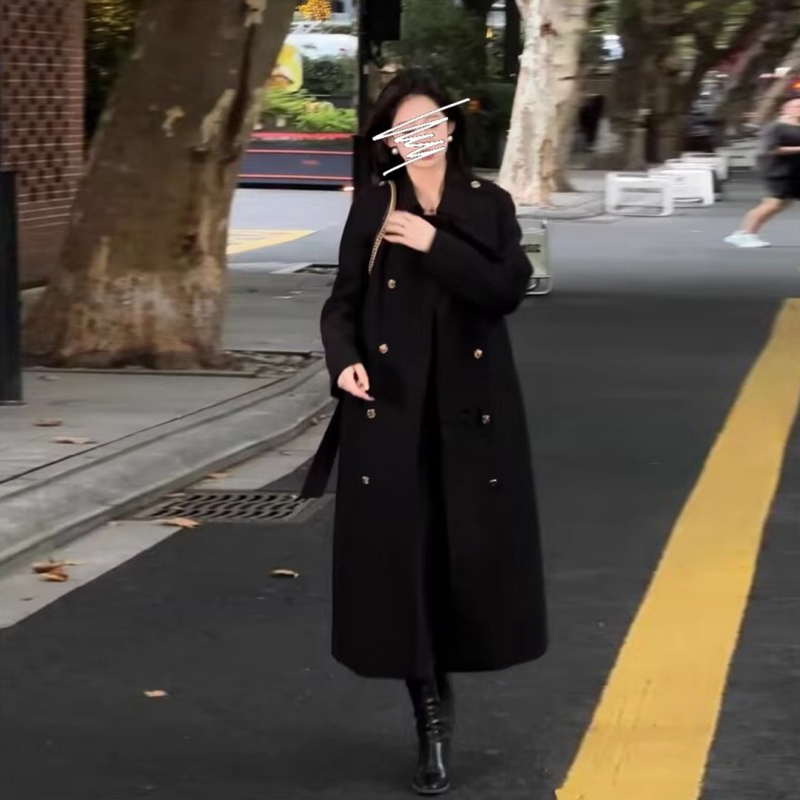 黑色中長款毛呢子大衣加厚西裝外套女秋冬季高級感小個子2023新款