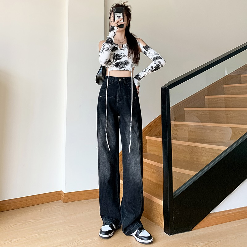 拼接闊腿牛仔褲秋冬女2023年新款復古垂感個性顯瘦辣妹直筒拖地褲