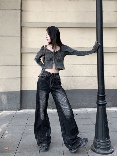 Actual shot #New high-waisted denim trousers for women, designed with washed craftsmanship, loose wide-leg floor-length trousers