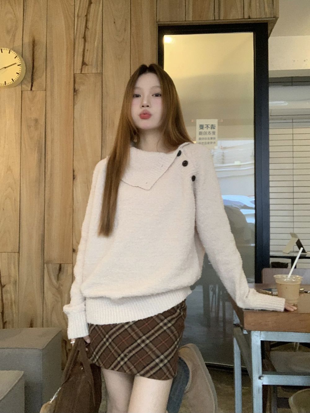 實拍三標齊大翻領斜門襟毛衣女寬鬆慵懶氣質毛衣針織上衣
