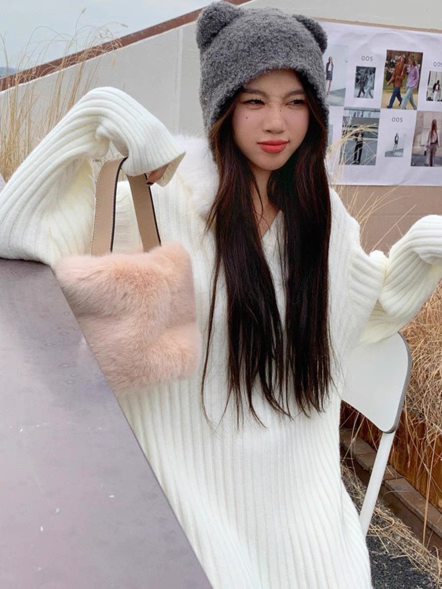 加厚麻花毛衣中長款連衣裙女氣質高級感連帽拼接毛毛顯瘦針織裙子