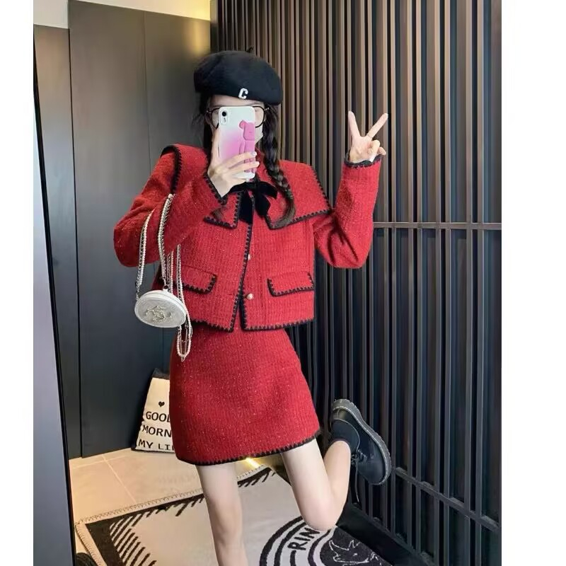 紅色氛圍感滿滿套裝女秋冬款小香風短款外套搭配包臀半身裙兩件套