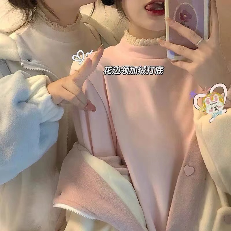 胖妹妹秋冬季2023年新款半高領蕾絲加絨打底衫長袖t恤女內搭上衣