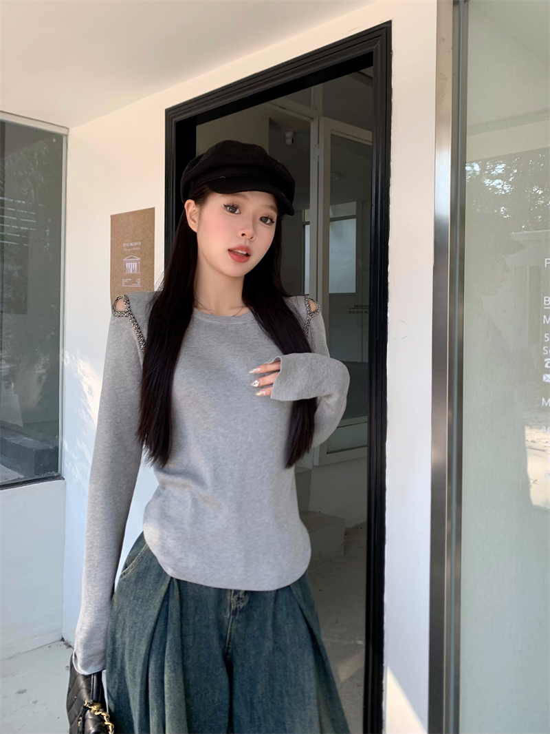 實拍秋冬新款設計感漏肩百搭重工小心機針織衫毛衣女顯瘦上衣