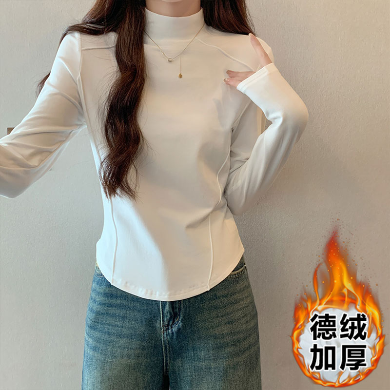 實拍半高領德絨打底衫女秋冬不規則長袖t恤修身短款魚骨上衣
