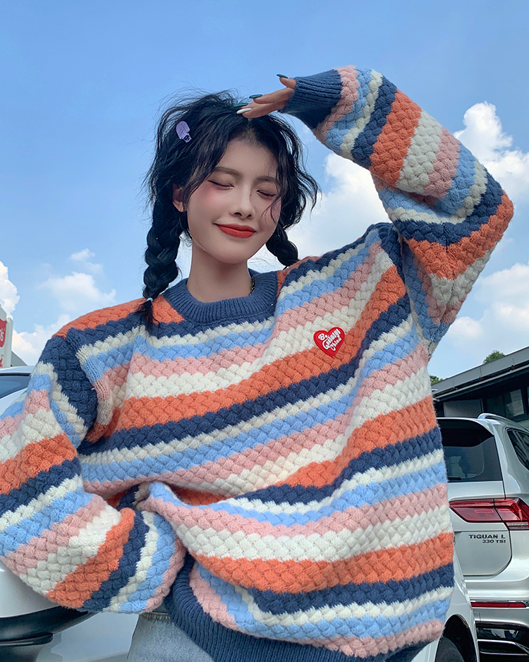 Vintage rainbow striped pullover sweater jacket for women in autumn and winter loose lazy style soft breast style sweater top