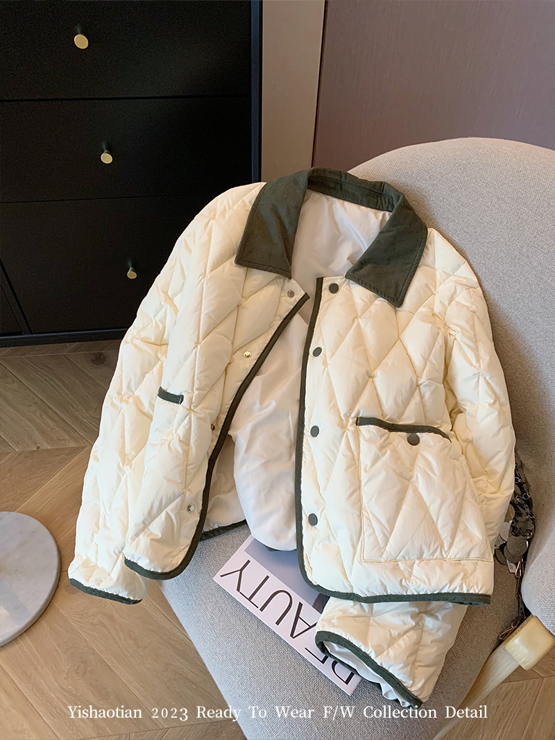 Xiaoxiangfeng Contrast Color Diamond Lapel Cotton Clothes Autumn and Winter Women's 2023 Fashion Loose and Versatile Short Lightweight Padded Jacket