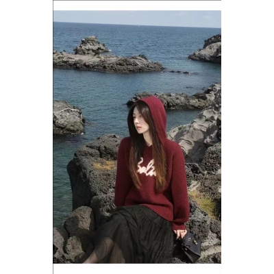 芝麻夾心 慵懶風字母連帽提花套頭毛衣女秋季寬鬆休閒上衣
