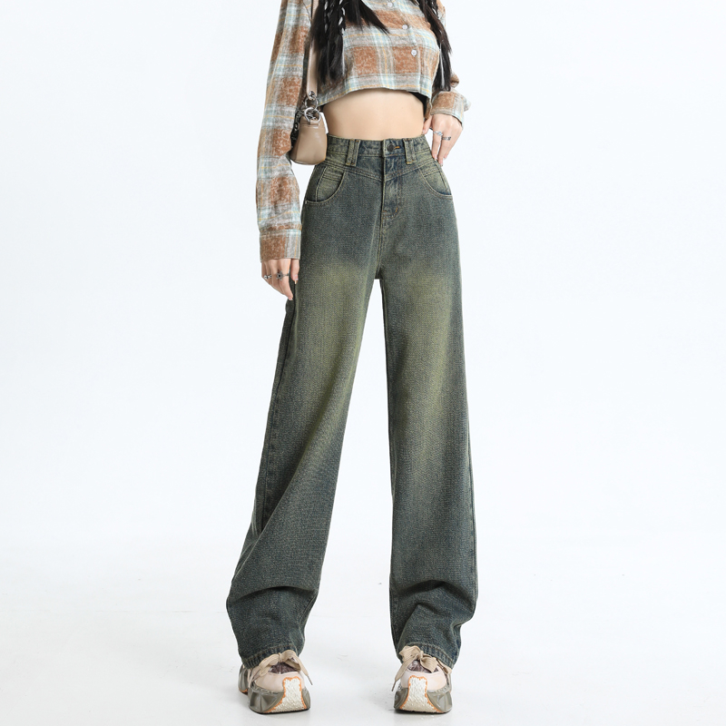 Actual shot of 2023 autumn fashion high-end wheat starry sky pattern fabric wide-leg denim floor-length pants for women